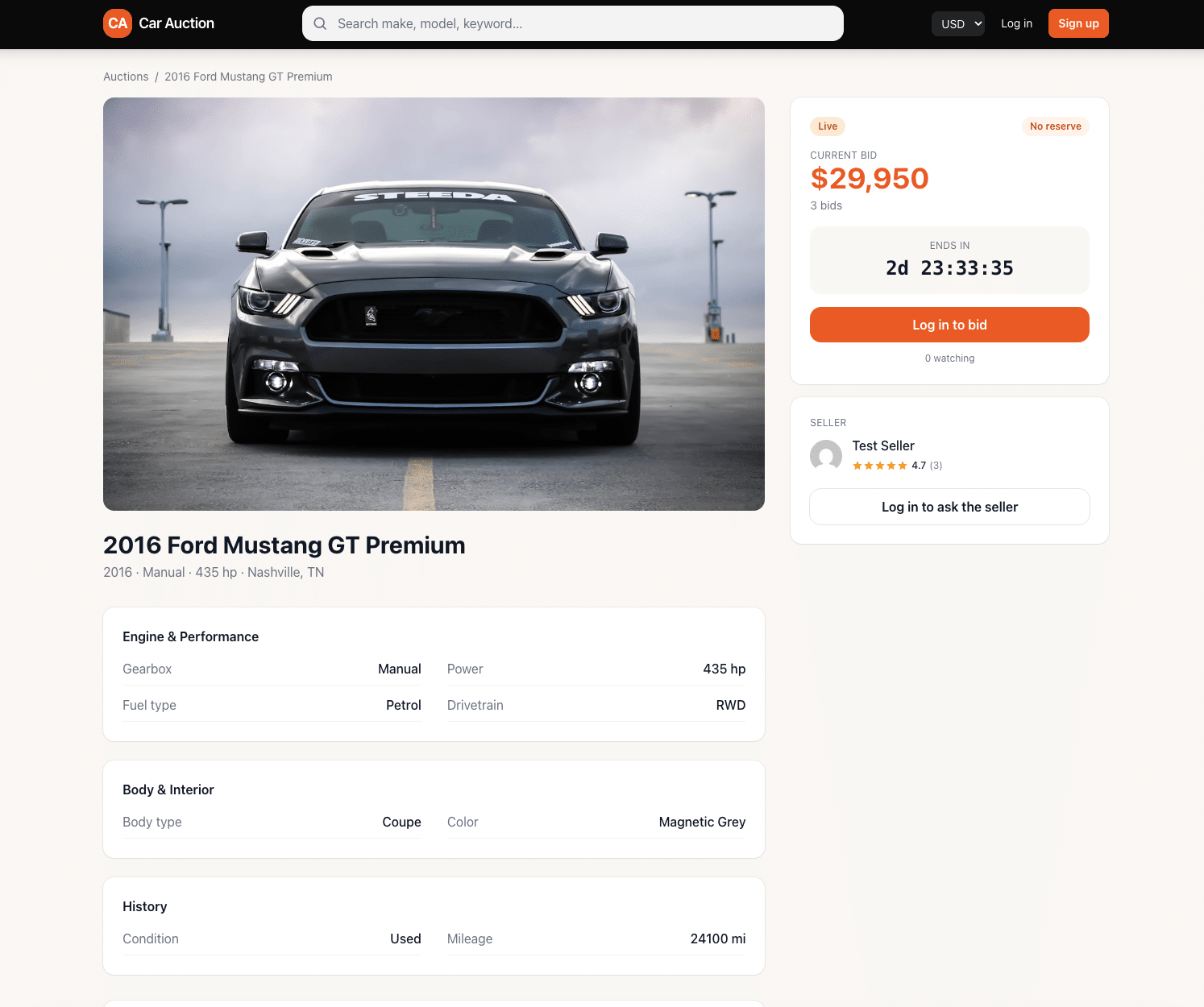 Car Auction WordPress theme — browse vehicle auctions with photo-forward listings, current bids and live countdown timers