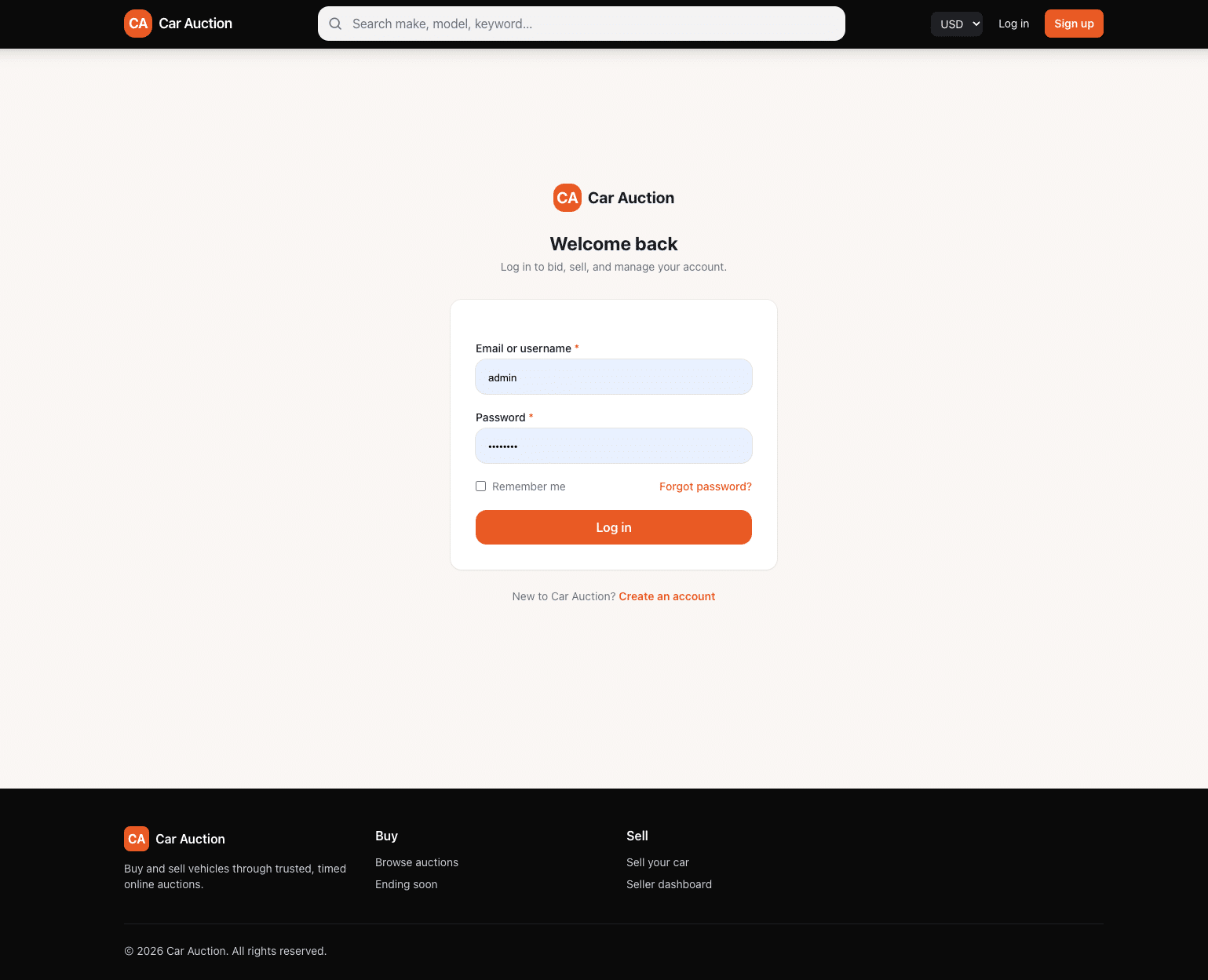 Car Auction theme — single vehicle auction detail page with gallery, full specifications and real-time bidding