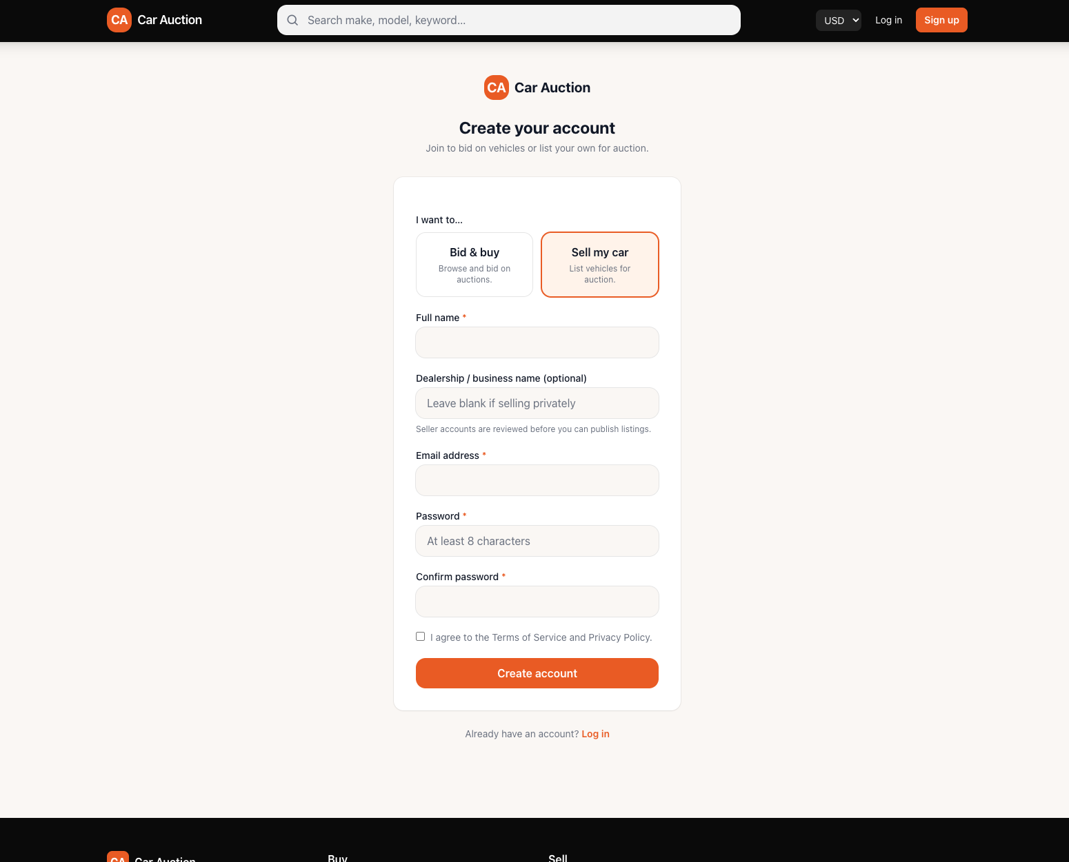 Car Auction theme — front-end seller dashboard for creating and managing vehicle auction listings