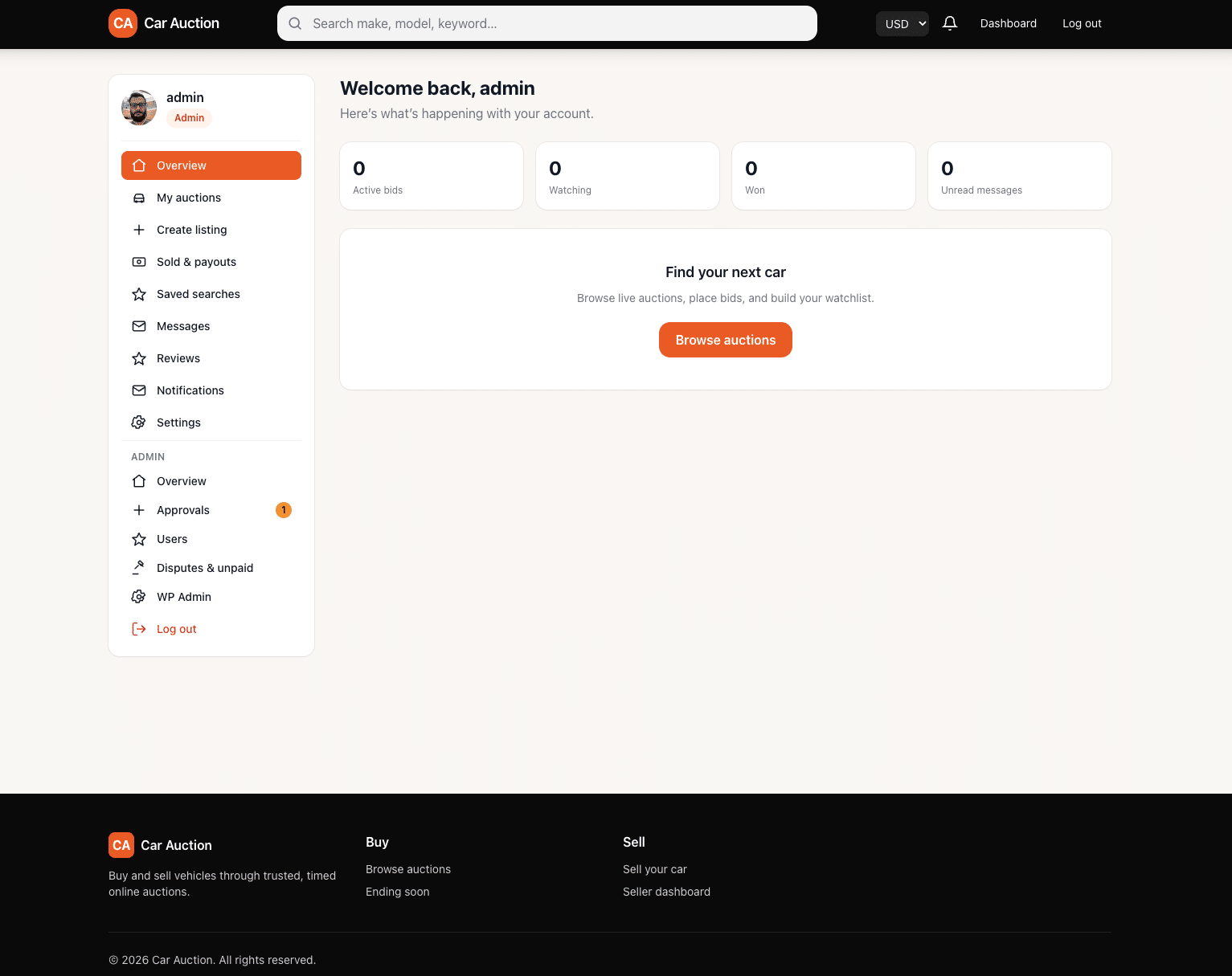 Car Auction theme — admin dashboard with platform analytics, GMV, revenue and auction approvals