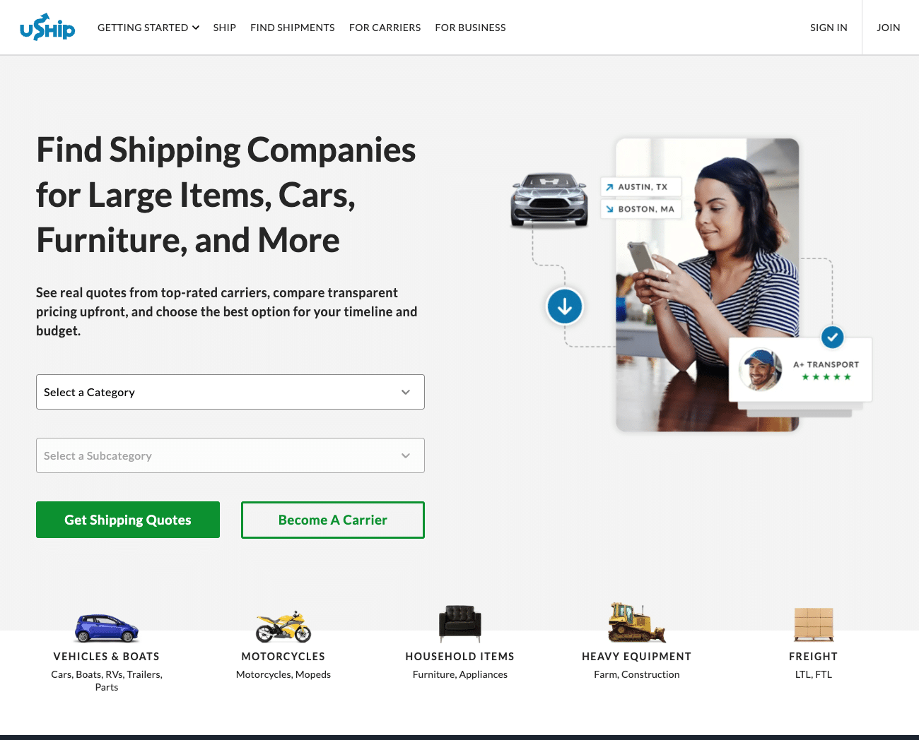 uShip homepage screenshot